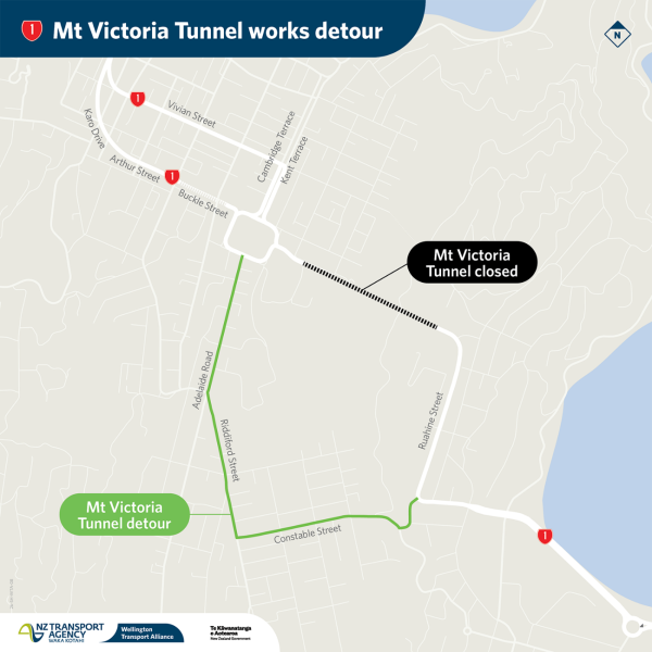 SH1 Mt Victoria Tunnel works detour map