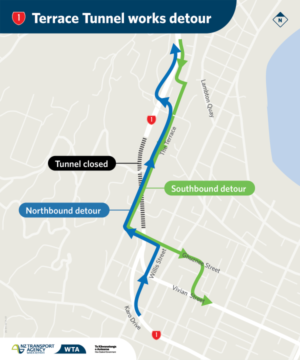 SH1 Terrace Tunnel works detour map