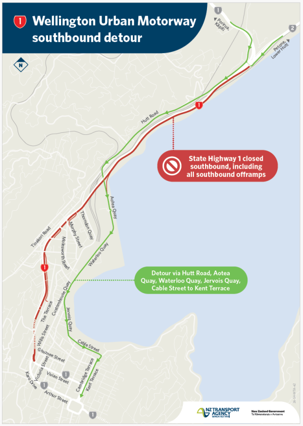 SH1 Urban Motorway southbound detour map