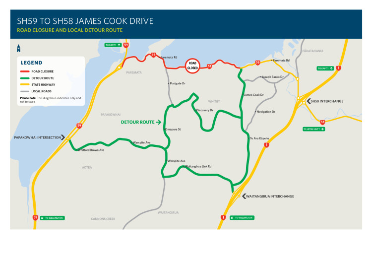 Map showing SH59 road closure and detour route in green between BP and SH58 interchanges. Closed road in red; state highway in yellow.