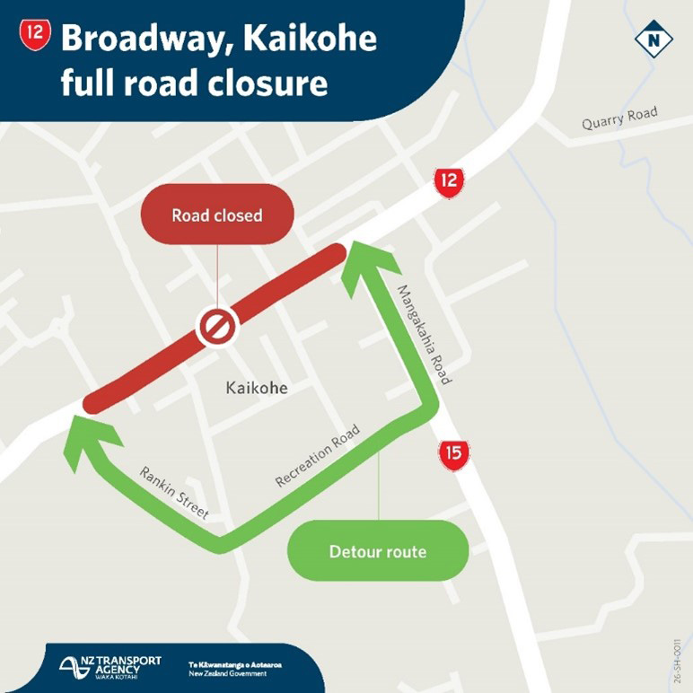 Section of road closed shown in red. Detour route shown in green.
