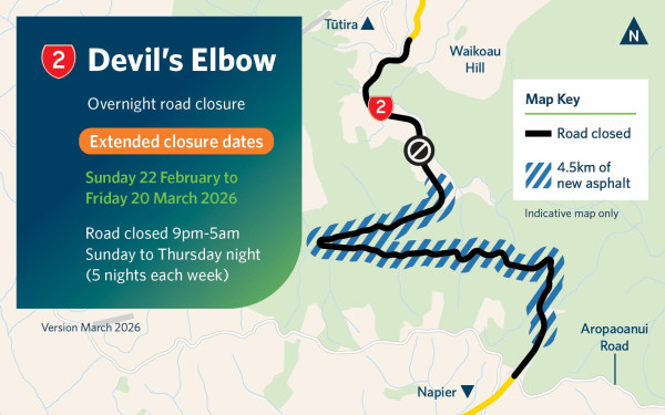 Map showing Devil's Elbow road closure from Feb 22 to Mar 20, 2026, from 9pm-5am, Sunday-Thursday. Includes 4.5 km of new asphalt marked in blue.