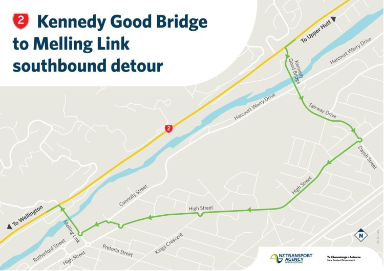 Map showing the Kennedy Good Bridge to Melling Link southbound detour. Green arrows indicate the detour route along High Street and nearby roads.