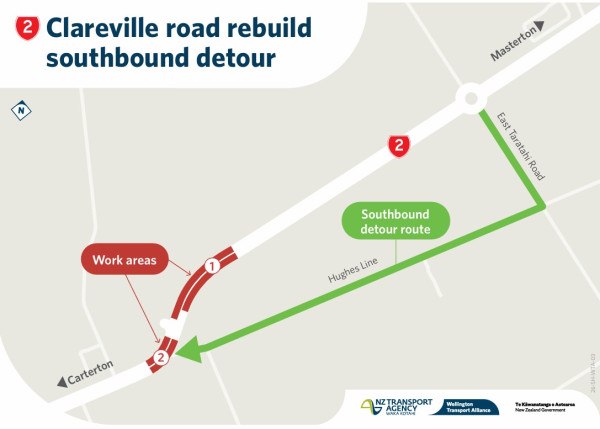 Map of Clareville road rebuild. Red highlights work areas south of East Taratahi Road. Green arrows indicate a southbound detour via Hughes Line.