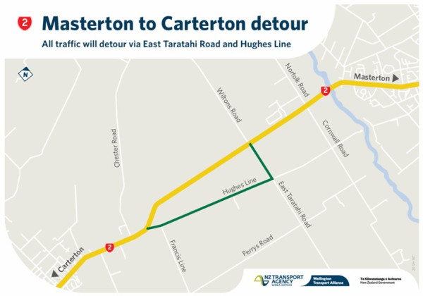 Map showing a detour from Masterton to Carterton, highlighting East Taratahi Road and Hughes Line in yellow and green, diverting traffic.