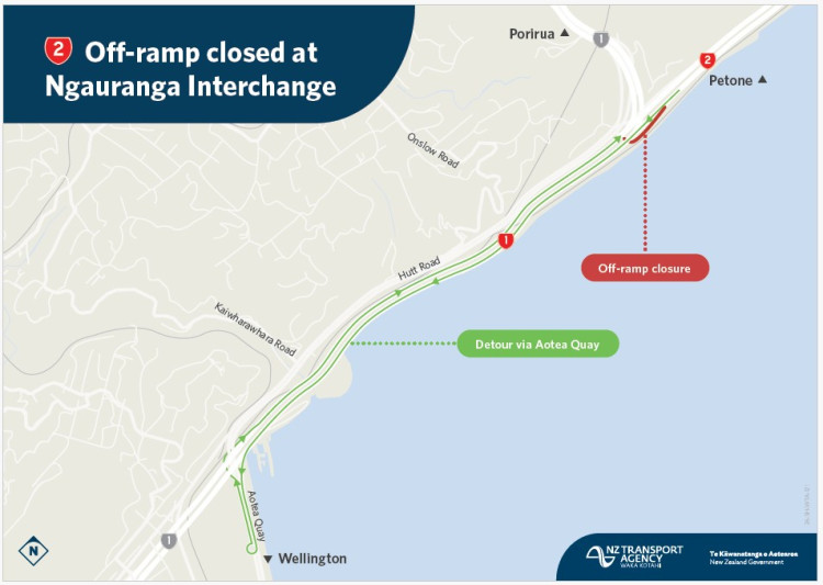 Map of Ngauranga Interchange shows an off-ramp closure near Petone in red. A green line indicates a detour via Aotea Quay towards Wellington.