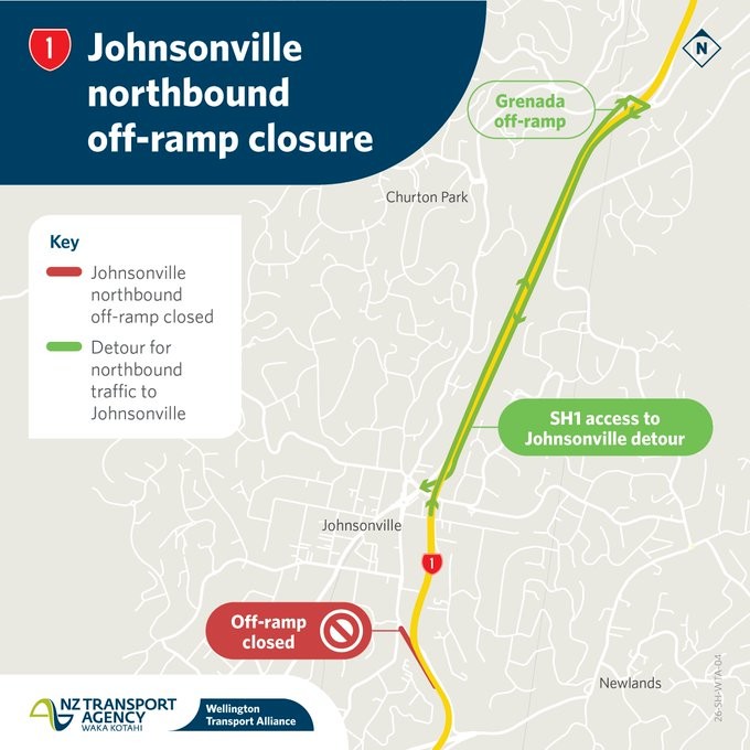 Map showing Johnsonville northbound off-ramp closure with detour. Red line indicates closed ramp; green line shows detour route via SH1. Key included.