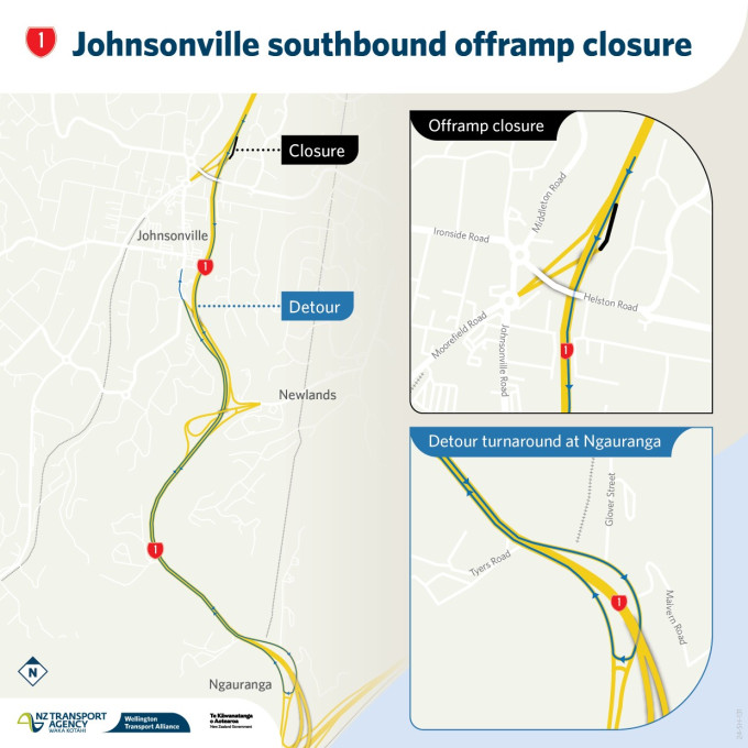 Map showing Johnsonville southbound offramp closure with a marked detour route. Insets detail closure near Helston Road and detour at Ngauranga.