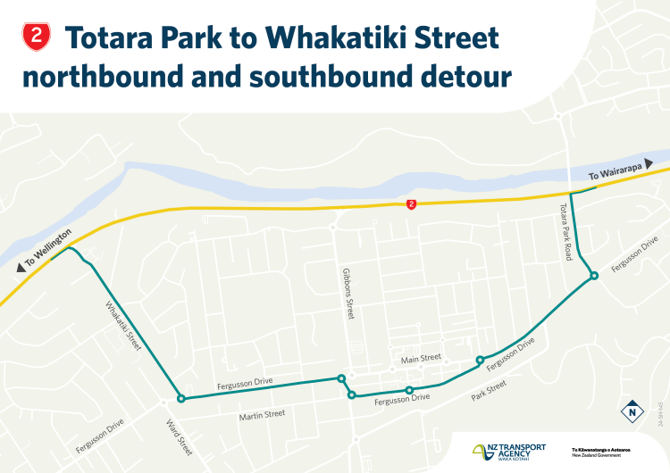 Map showing a northbound and southbound detour from Totara Park to Whakatiki Street in teal. The main route is highlighted in yellow.