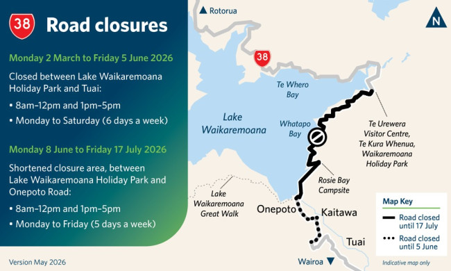 Road closure map for Route 38 near Lake Waikaremoana, highlighting closure dates and times in 2026. Key locations and schedule details included.