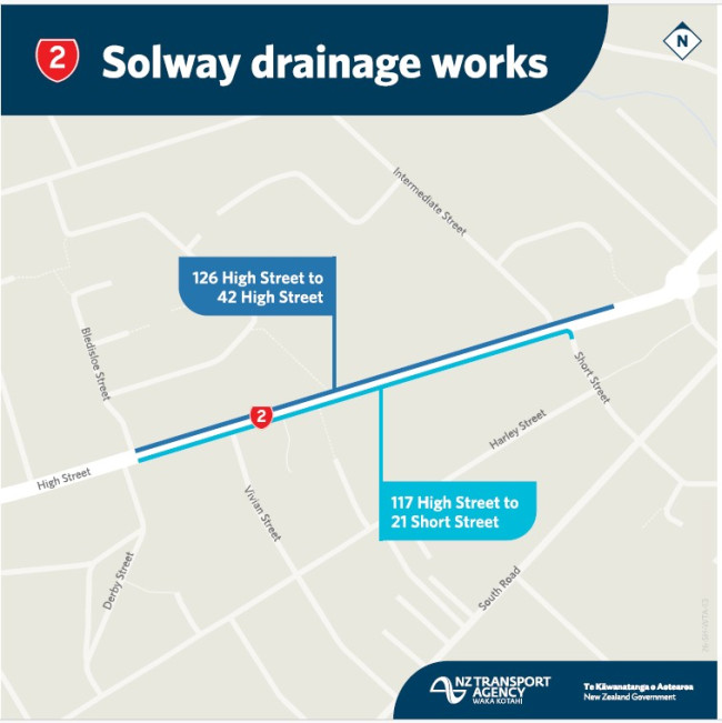 Map illustrating Solway drainage works on High Street, marked in blue. Key areas: 126-42 High Street, 117 High Street to 21 Short Street.