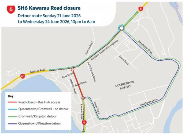 Map showing SH6 Kawarau Road closure near Queenstown Airport from June 21-24, 2026. Detours in red, green, yellow, and blue marked for affected routes.