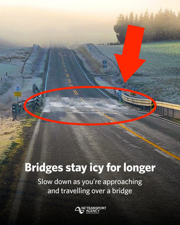Road with icy bridge marked by red arrow and circle, set against a frosty landscape. Text warns: Bridges stay icy for longer. Slow down.