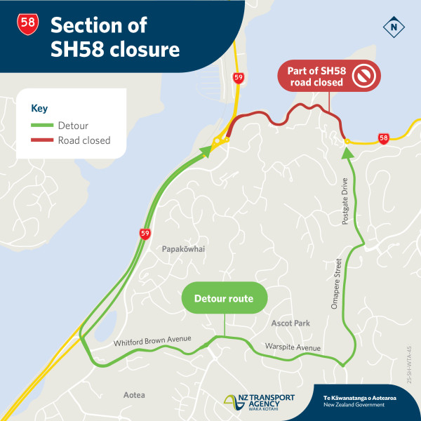 Map showing SH58 road closure with a detour in place. Closed section marked in red, detour in green passing through Warspite Avenue and Postgate Drive.