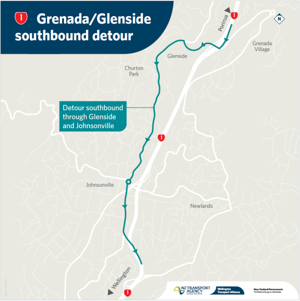 Map showing the Grenada/Glenside southbound detour route in Wellington. The route passes through Glenside and Johnsonville, marked with directional arrows.