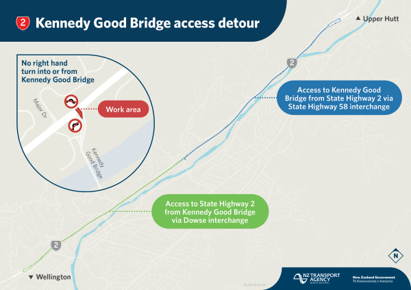 Map illustrating detours near Kennedy Good Bridge. Includes work area with no right turns, and routes via State Highway 58 and Dowse interchange.