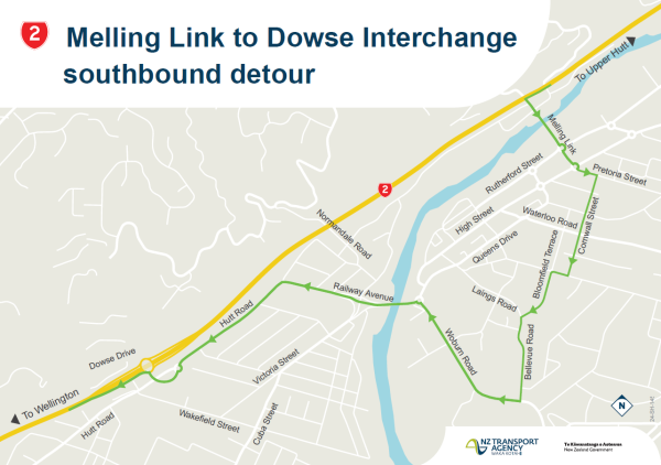 Map showing the Melling to Dowse Interchange southbound detour. The detour path is highlighted in green, with key roads labelled for navigation.