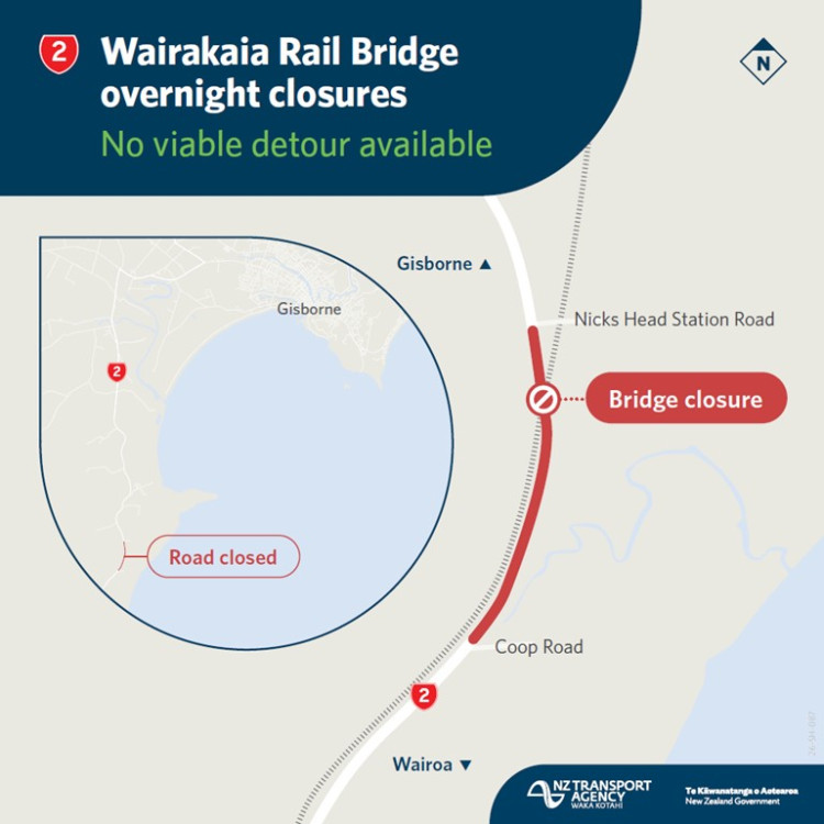 Map showing Wairakaia Rail Bridge overnight closures on Route 2 between Gisborne and Wairoa. No viable detour available. The bridge is marked closed.