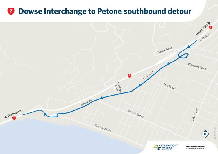 Map showing the southbound detour route from Dowse Interchange to Petone, highlighting key turns and landmarks.