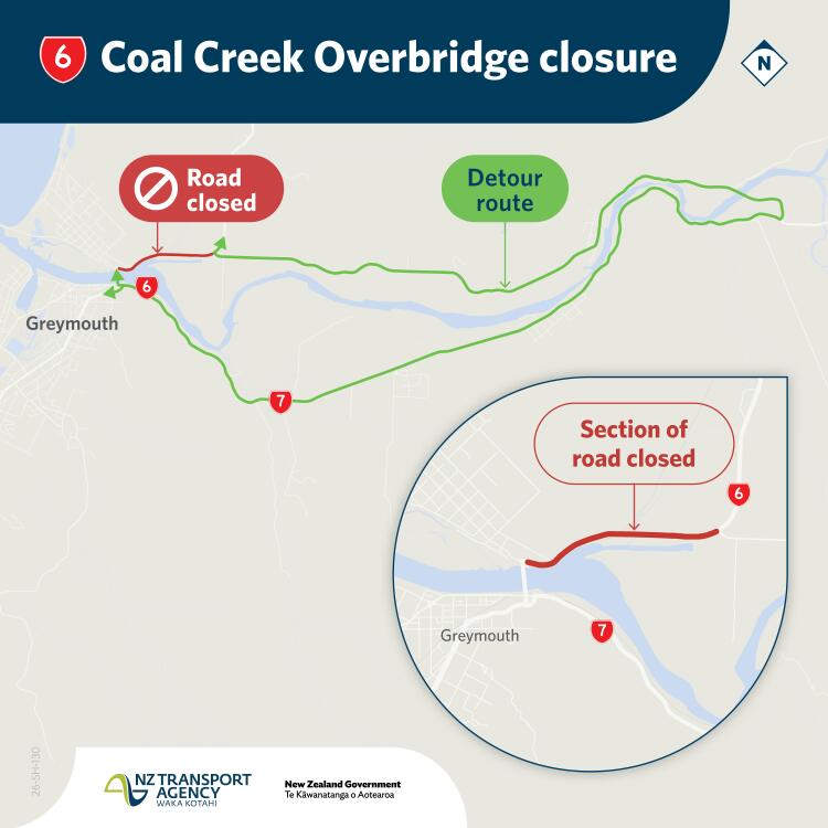 NZ Transport Agency map shows Coal Creek Overbridge closure near Greymouth: Route 6 closed, with a green detour via Route 7.