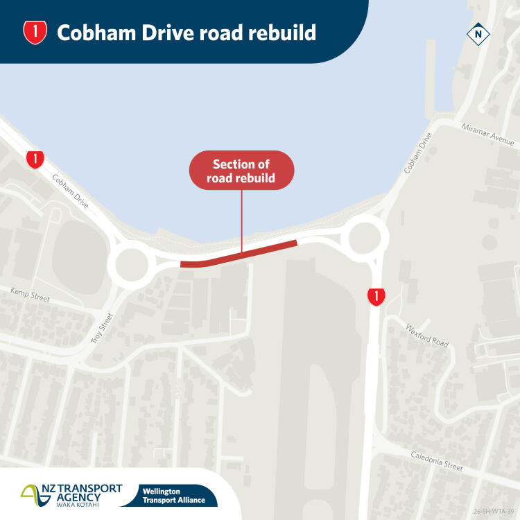 Map showing Cobham Drive road rebuild in Wellington, New Zealand, with the affected road section highlighted in red near roundabouts.