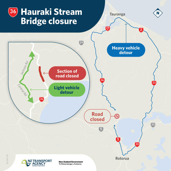 Map showing section of road closed and separate vehicle detour routes for light and heavy vehicles.