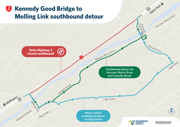 Closed section of SH2 between Melling Link and Kennedy Good Bridge for southbound traffic in red. Southbound detour via Hacrourt Werry Drive and Connolly Street in green. Heavy vehicle southbound detour via High Street in blue.