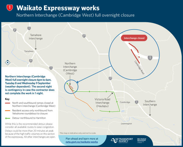 Map showing closed section of the Northern Interchange in red and detour route in green.