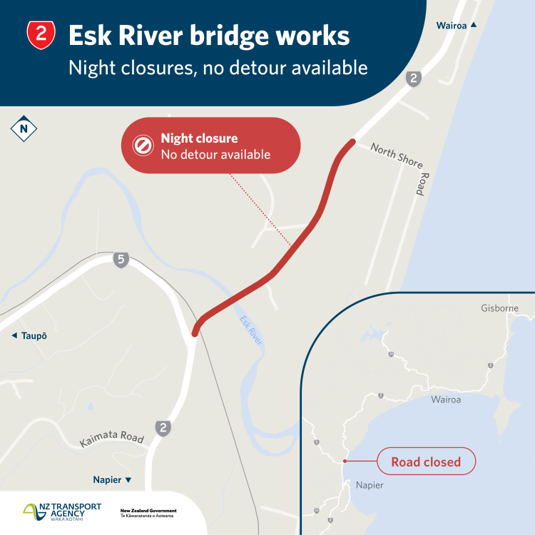 Map warning of Esk River bridge works on Route 2: night closure with no detour, marked between Wairoa and Gisborne.