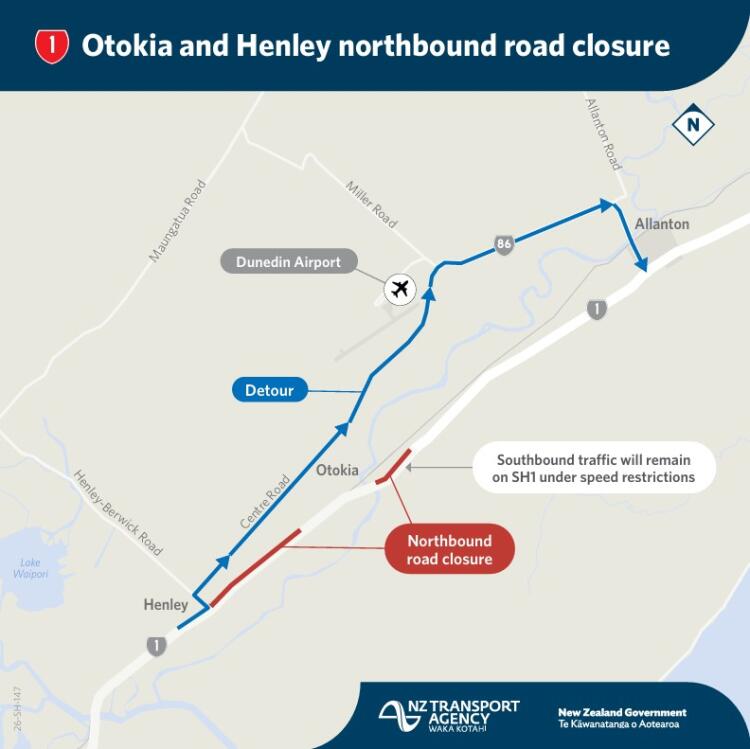 Map showing SH1 northbound road closure between Henley and Otokia, with a blue detour past Dunedin Airport; southbound traffic remains.