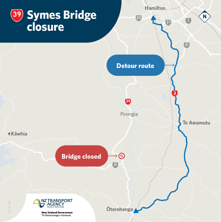 Map showing  State Highway 39 bridge closure near Pirongia, with a blue detour route between Hamilton and Ōtorohanga.