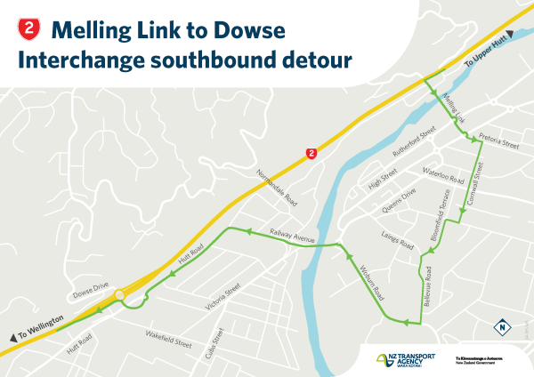 Map showing the Melling Link to Dowse Interchange southbound detour, with yellow and green route lines through Lower Hutt streets.