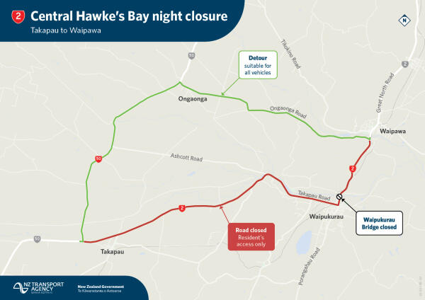 SH2 Waipukurau Bridge overnight closure detour map