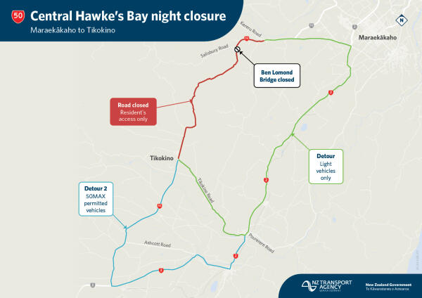 SH50 Ben Lomond Bridge night closure detour map