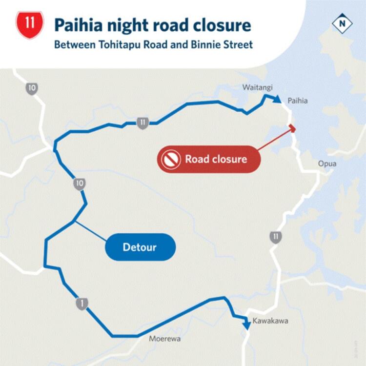 Map announcement of a night road closure between Tohitapu Road and Binnie Street near Paihia, with a blue detour route and red closure marker.