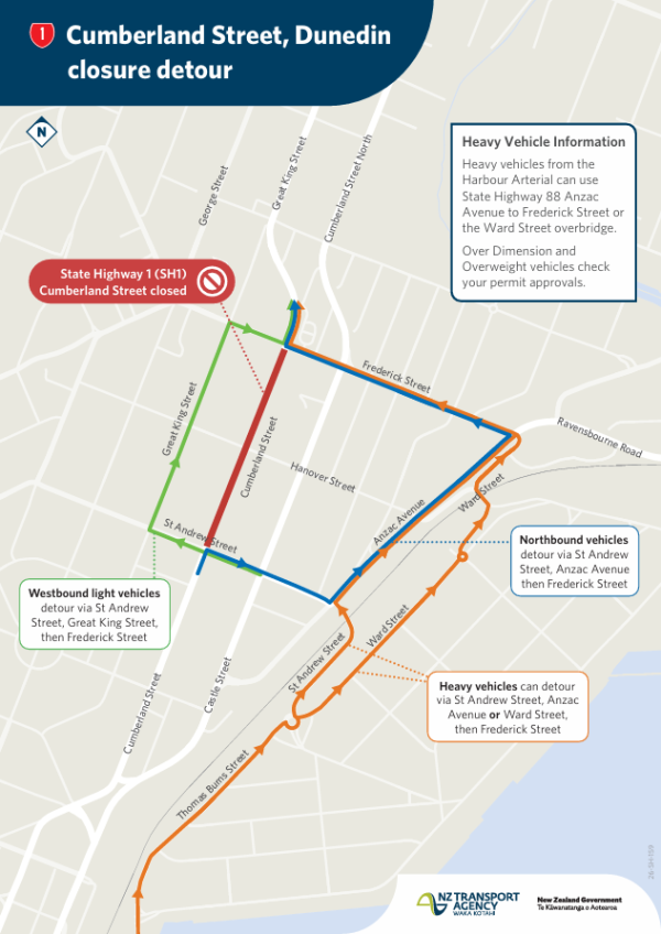 Closed section of Cumberstand Street shown in red and alternative detour routes shown.