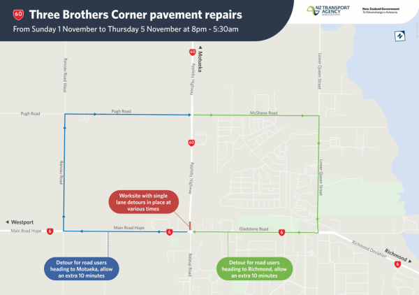 Map showing location of pavement repairs and detour routes for road users.