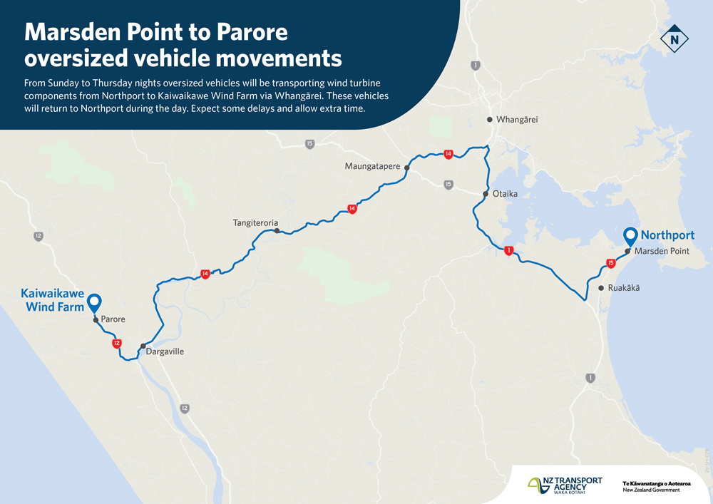 Map showing the route oversized vehicles will take from Northport to the Kaiwaikawe Wind Farm via SH15, SH1, SH14, and SH12, passing through Whangārei, Tangiteroria, and Dargaville.