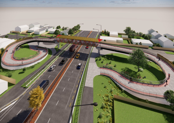 Visual representation of the future SH76/Brougham Street bridge, highlighting the bridge design and adjacent road closure zone.